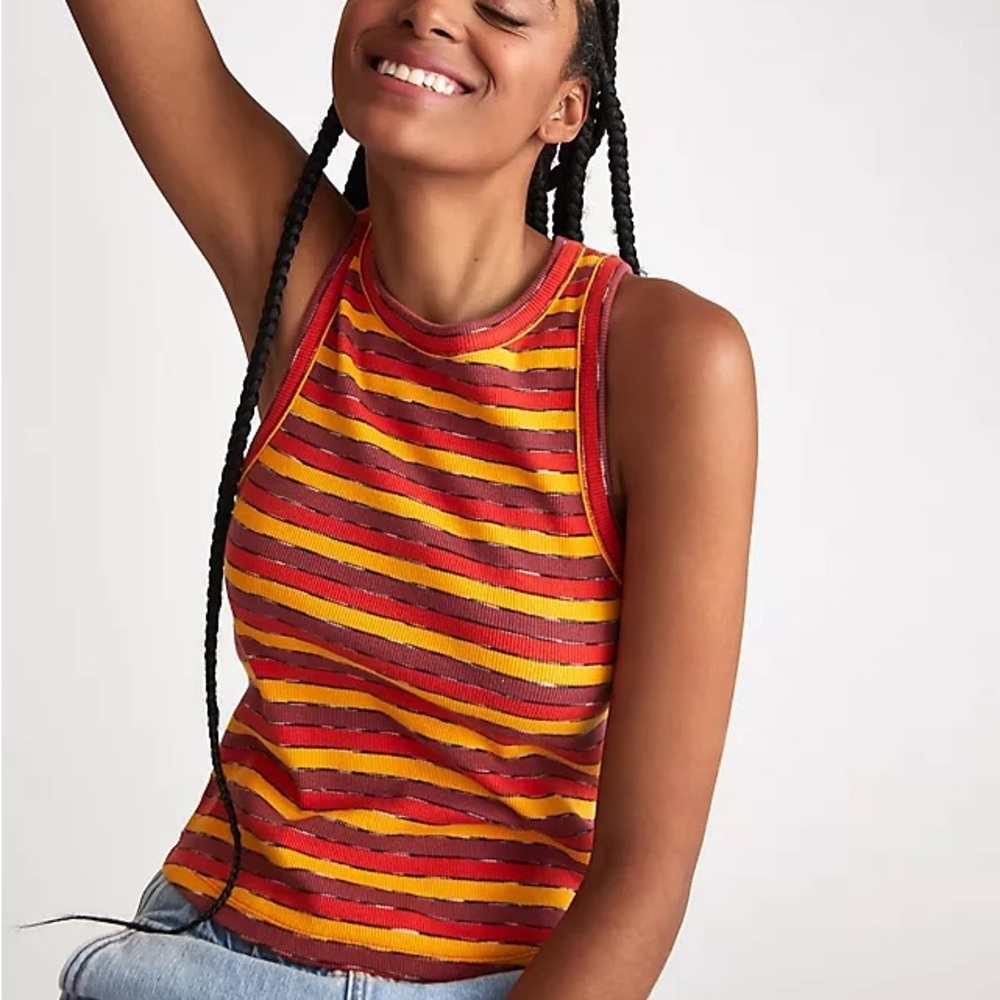 Anthropologie Striped Ribbed‎ Racer Tank Sleeveless Top Red Yellow